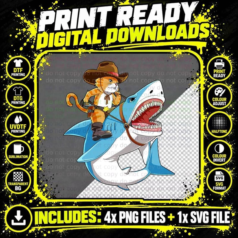 Cat Riding Shark Funny Cowboy T-Shirt, Animal Adventure Png SVG Digital Bundle