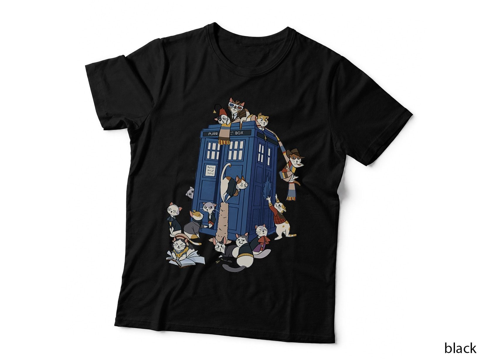 Cats Climbing Blue Time Box, Whimsical Sci-Fi Kitten Crew Tee