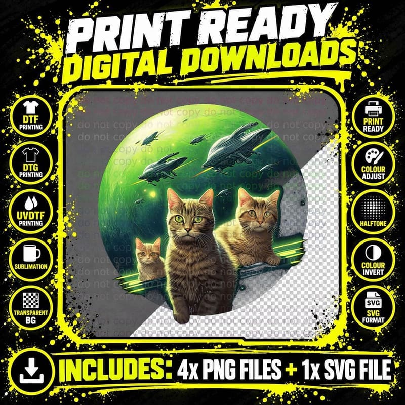 Cats with Alien Spaceships T-Shirt, Space Adventure Png SVG Digital Bundle