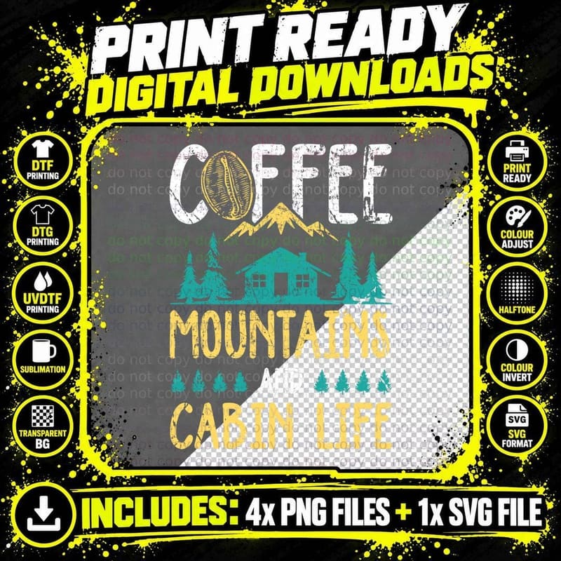 Coffee Mountains Cabin Life Outdoor Camping T-Shirt Png SVG Digital Bundle