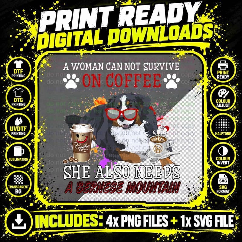 Coffee and Bernese Mountain T-Shirt Png SVG Digital Bundle