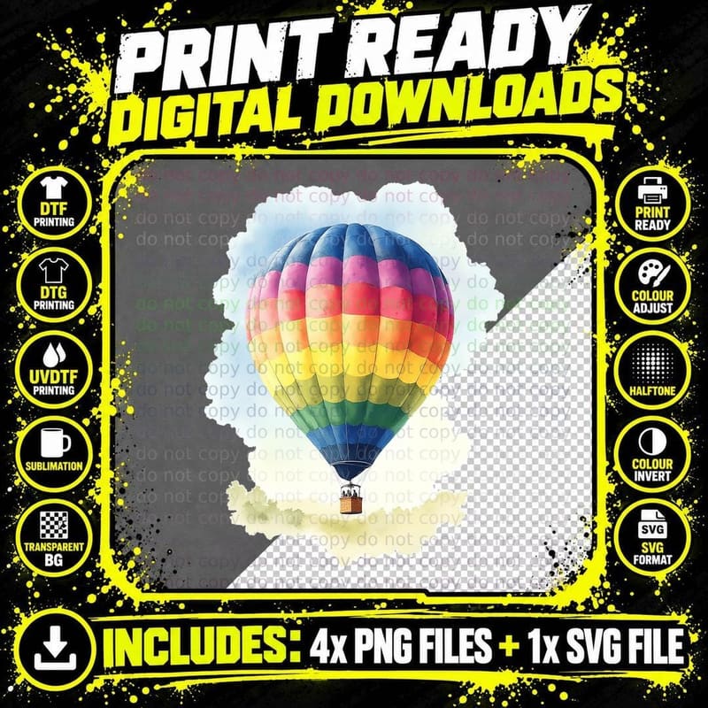 Colorful Hot Air Balloon Adventure Travel Artwork T-Shirt Png SVG Digital Bundle