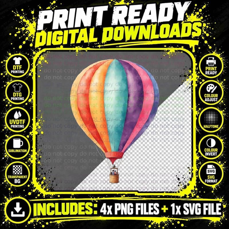 Colorful Hot Air Balloon Adventure Travel Wanderlust Png SVG Digital Bundle