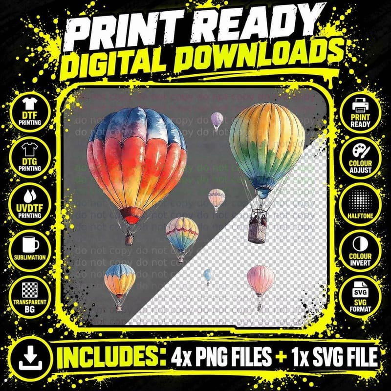 Colorful Hot Air Balloons Sky Adventure Travel Art Png SVG Digital Bundle