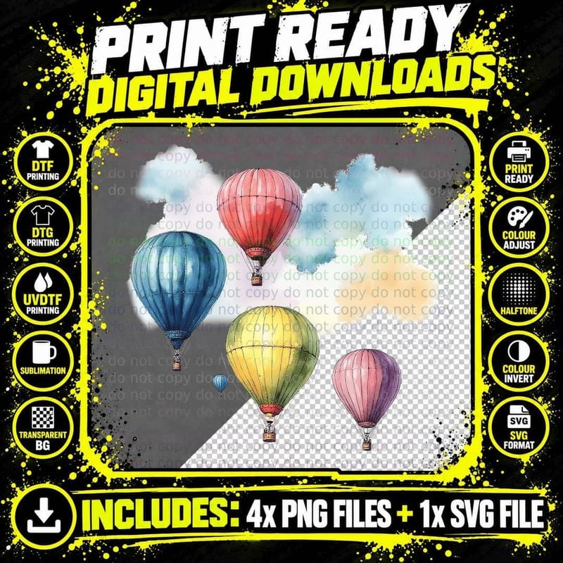 Colorful Hot Air Balloons Travel Adventure Sky Png SVG Digital Bundle