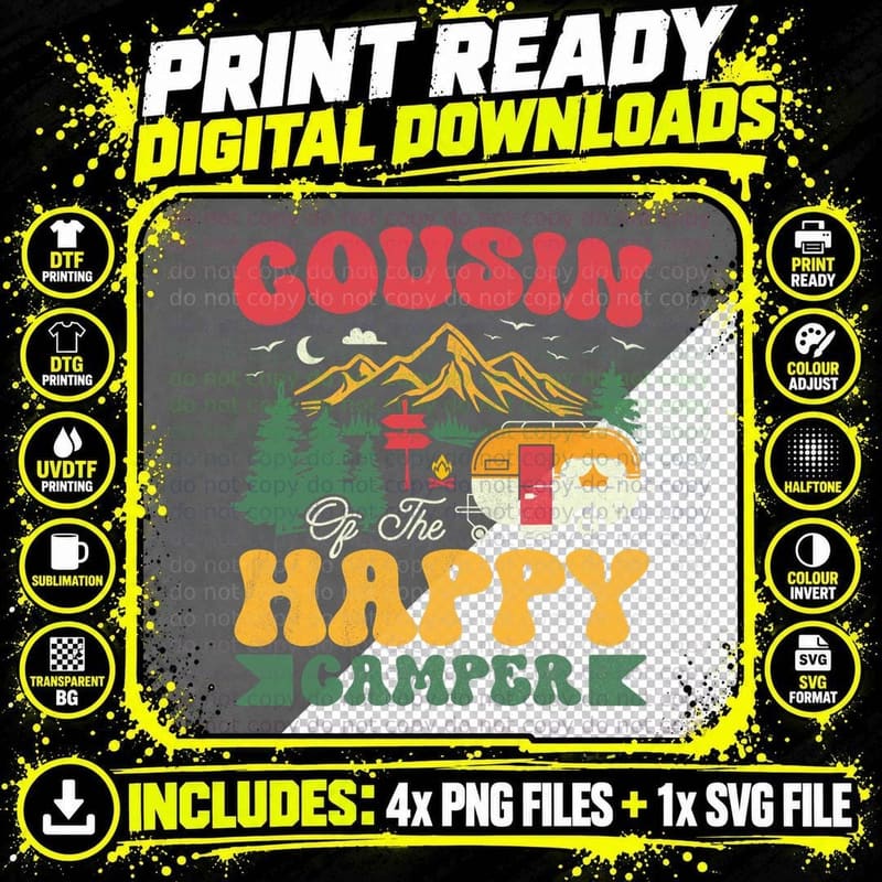Cute Cousin of Happy Camper Groovy Camping Trip T-Shirt Png SVG Digital Bundle