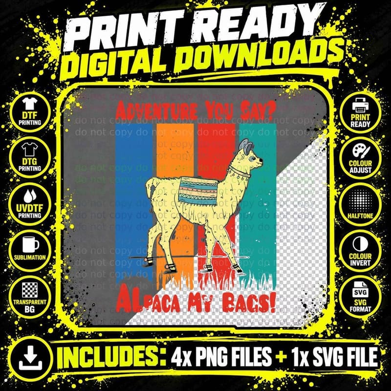 Funny Alpaca Adventure T-Shirt, Retro Vintage Style Png SVG Digital Bundle