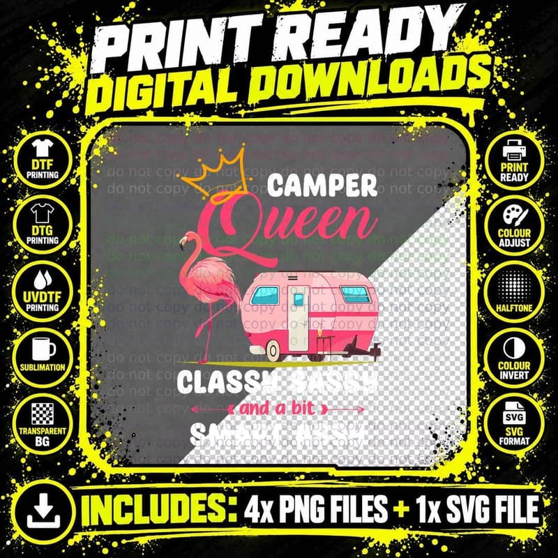 Funny Camper Queen Flamingo Camping RV Outdoor Women Png SVG Digital Bundle