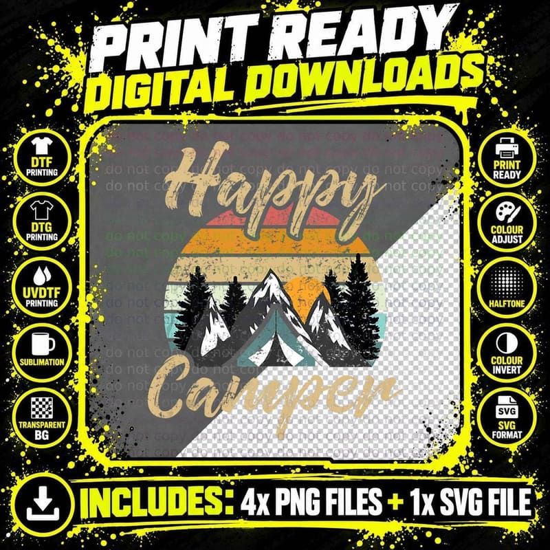 Funny Camping Hiking Lover Present Happy Camper Gift Png SVG Digital Bundle