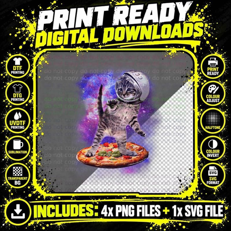 Funny Cat Astronaut Riding Pizza T-Shirt Png SVG Digital Bundle