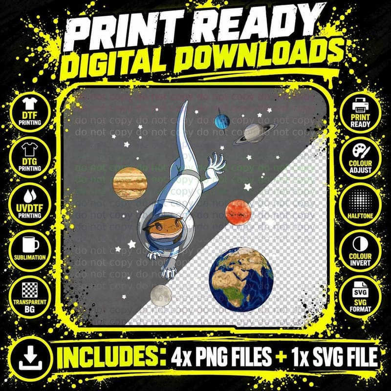 Funny Lizard Astronaut in Space Crested Gecko T-Shirt Png SVG Digital Bundle