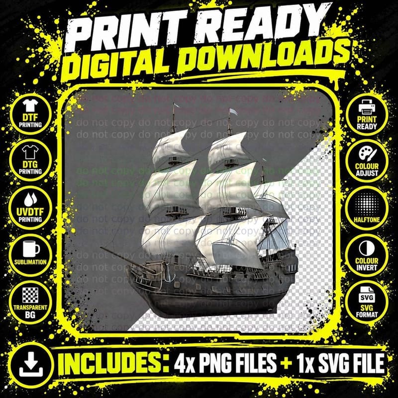 Galleon Sailing Ship T-Shirt, Nautical Adventure Style Png SVG Digital Bundle
