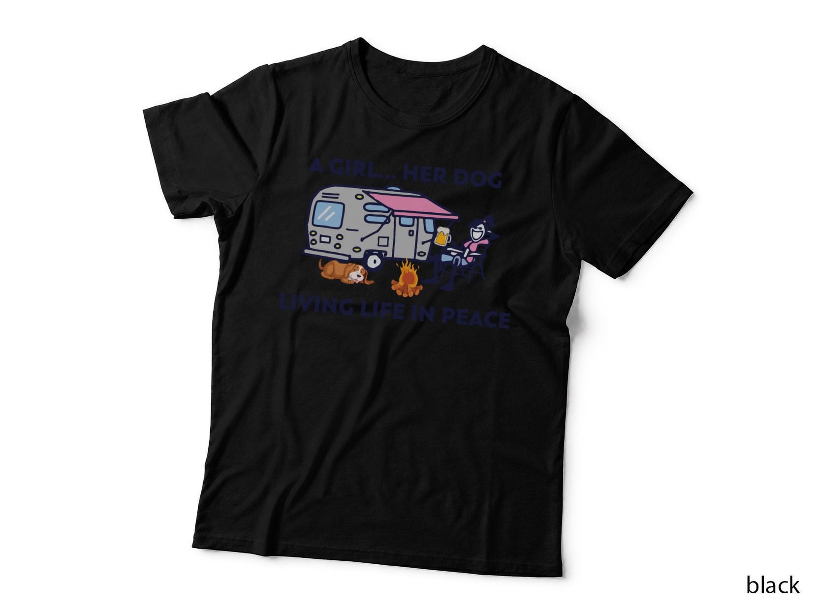 Girl and Dog Living Peaceful Life T-Shirt, Camping Adventure Style