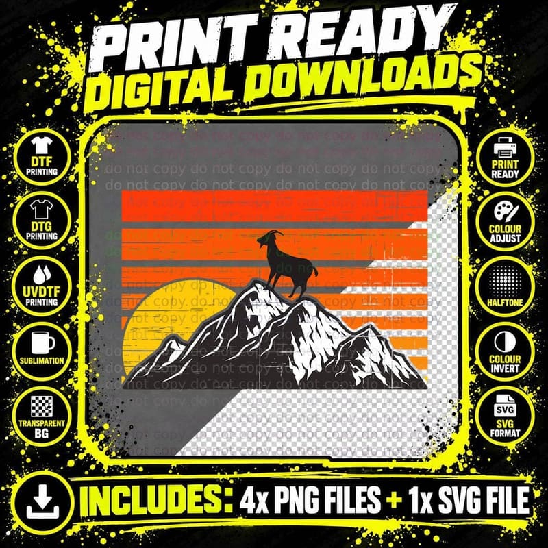 Goat Retro Style Mountain Sunset Cute Farm Animal Lover Png SVG Digital Bundle
