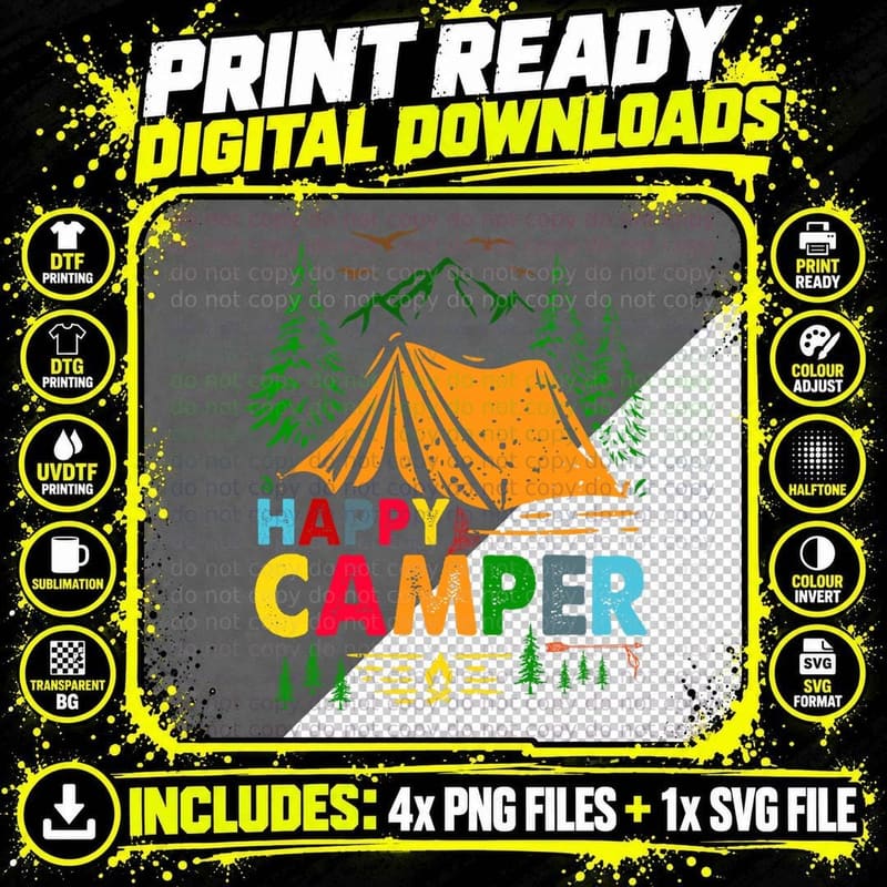 Happy Camper Camping Funny Gift Men Women Kids T-Shirt Png SVG Digital Bundle
