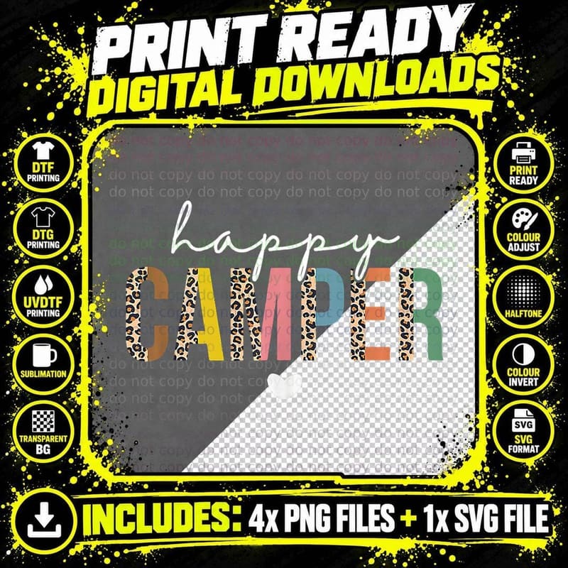 Happy Camper Leopard Camping Lover Outdoor Activities Png SVG Digital Bundle