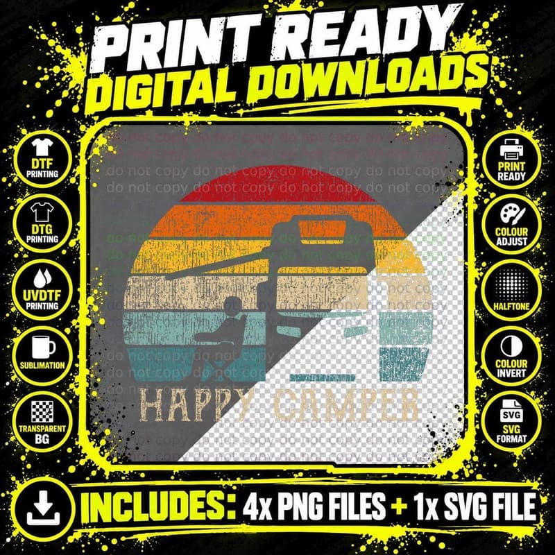 Happy Camper RV Camping Men Women Retro Sun 70s 80s Png SVG Digital Bundle