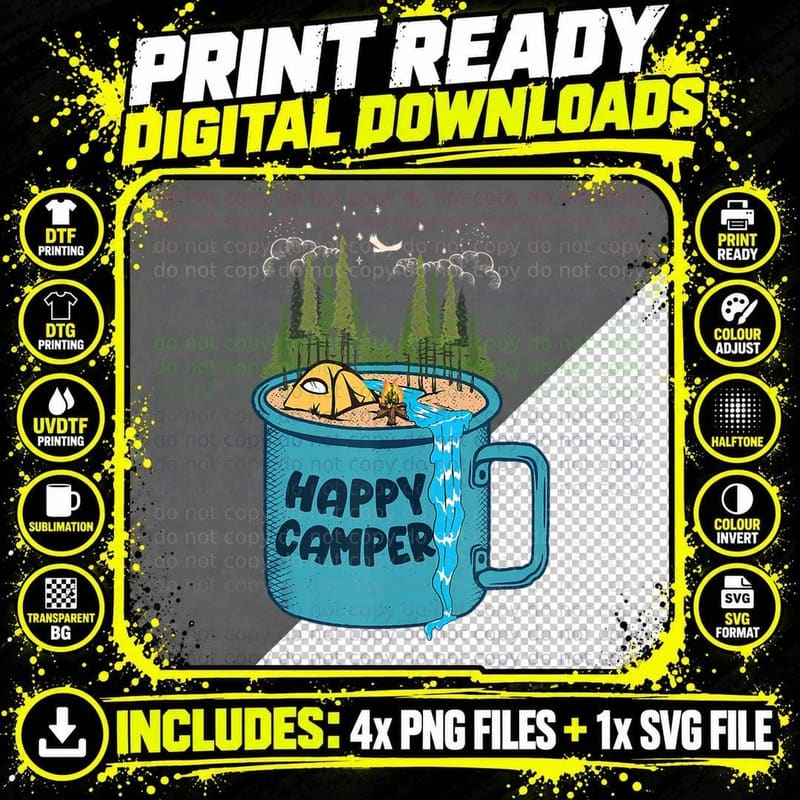 Happy Camper, Camping with Trees and Stars Png SVG Digital Bundle