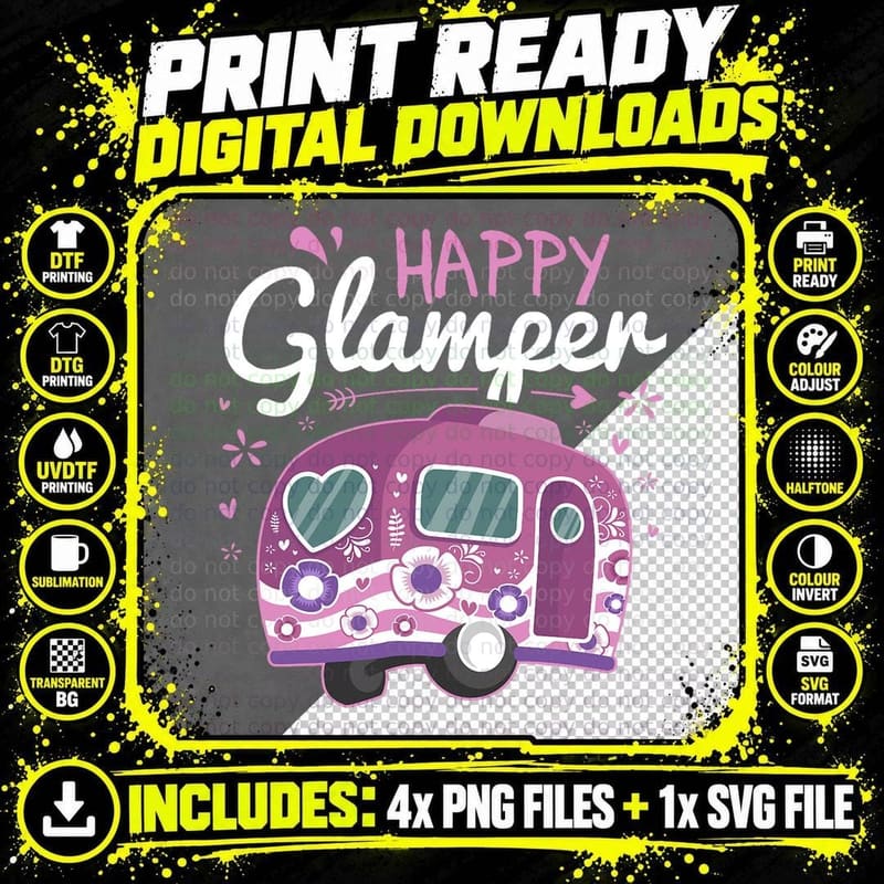 Happy Glamper Caravan Camping Glamping Gear T-Shirt Png SVG Digital Bundle