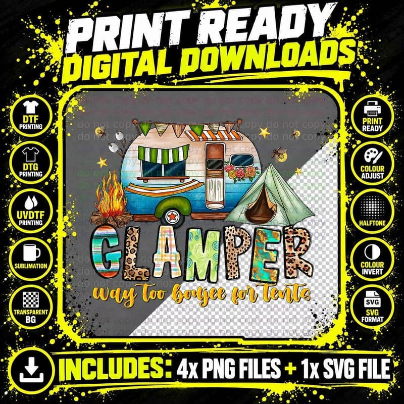 Leopard Glamping I'm Too Boujee'ss for Tents Camping Png SVG Digital Bundle