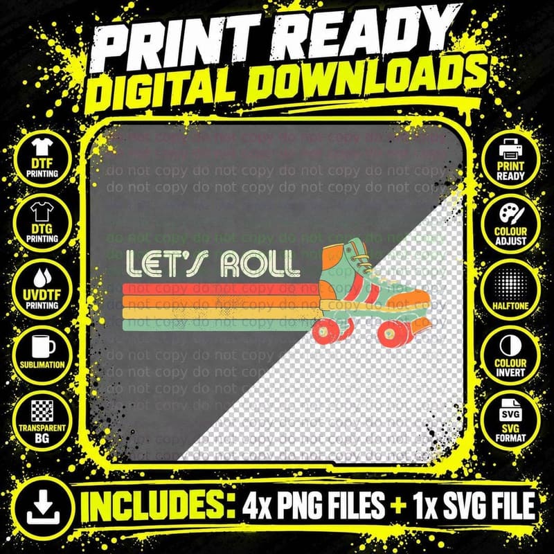 Let's Roll Roller Skating Skater Skate Retro Vintage 70s Png SVG Digital Bundle