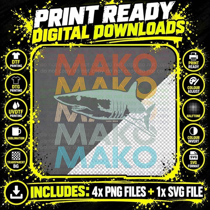 Mako Shark Diver T-Shirt, Retro Surf Style Png SVG Digital Bundle