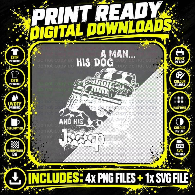Man Dog Jeep T-Shirt, Adventure Style, Pet Lover Apparel Png SVG Digital Bundle
