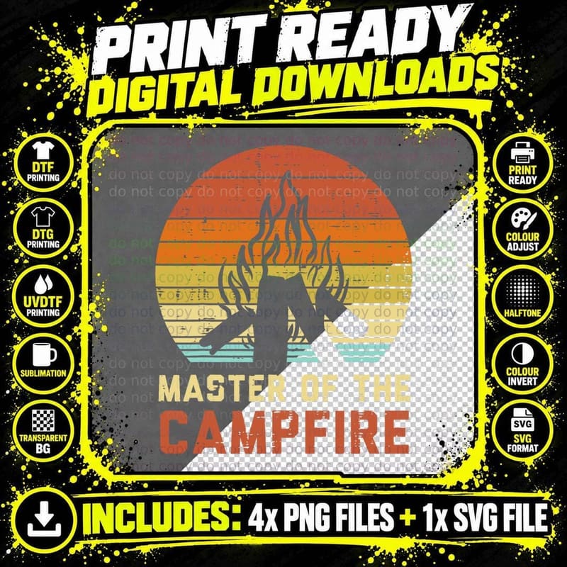 Master of the Campfire Sunset Retro Bonfire Camping Png SVG Digital Bundle