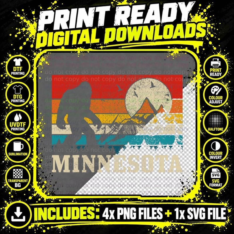 Minnesota Bigfoot Vintage Mountains Hiking Camping Gift Png SVG Digital Bundle