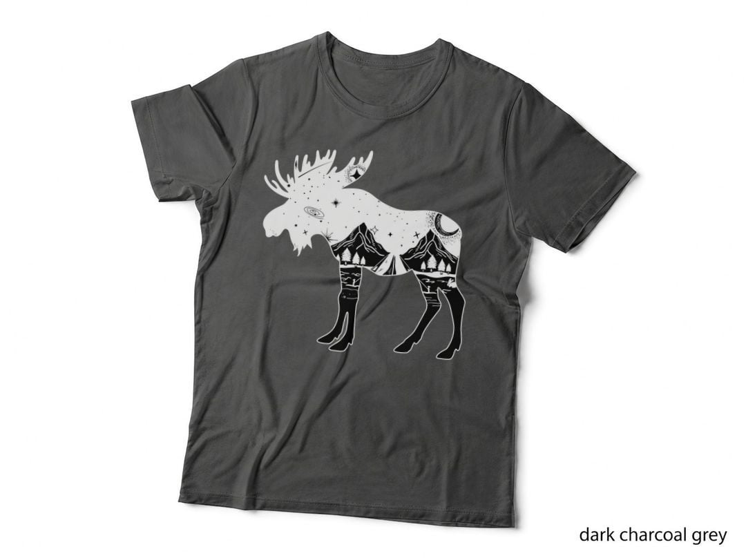 Moose Hiking T-Shirt, Nature Landscape Print, Outdoor Adventure Style