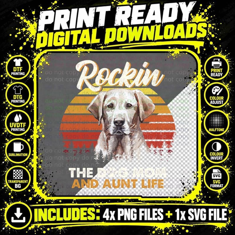 Mountain Cur Dog Mom T-Shirt, Retro Sunset Style Png SVG Digital Bundle