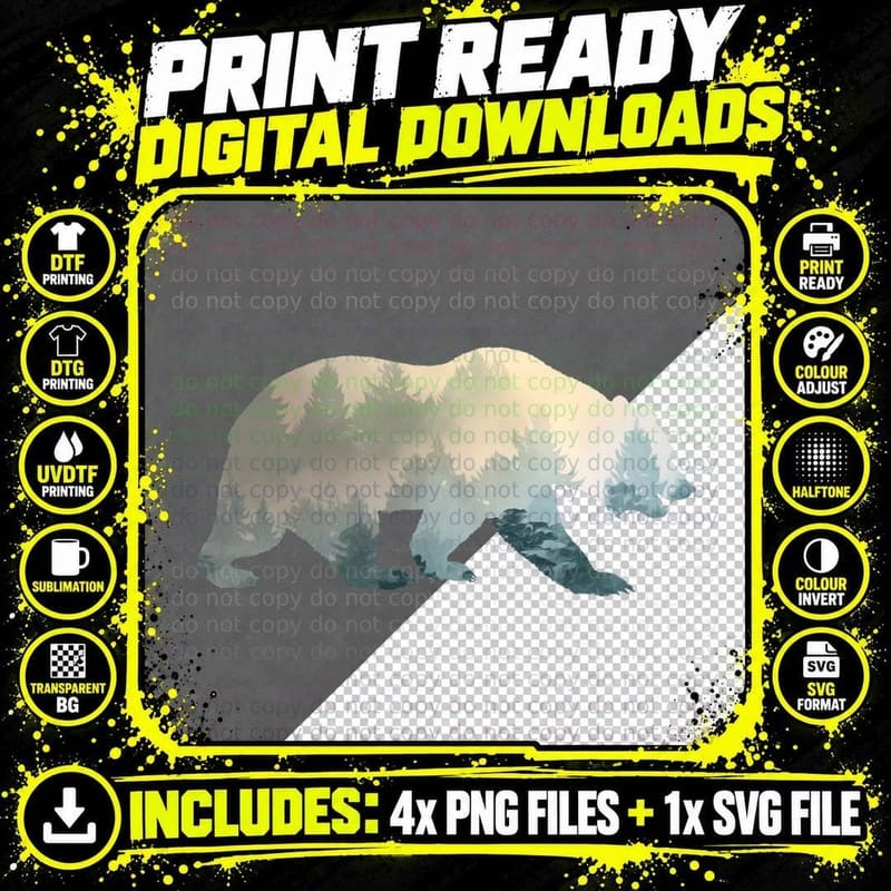 Mountain Wildlife Bear Silhouette Foggy Tree Nature Png SVG Digital Bundle