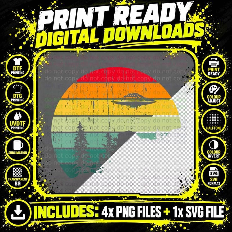 Mountains, Trees and Hiking UFO Aliens 70s Retro Vintage Png SVG Digital Bundle