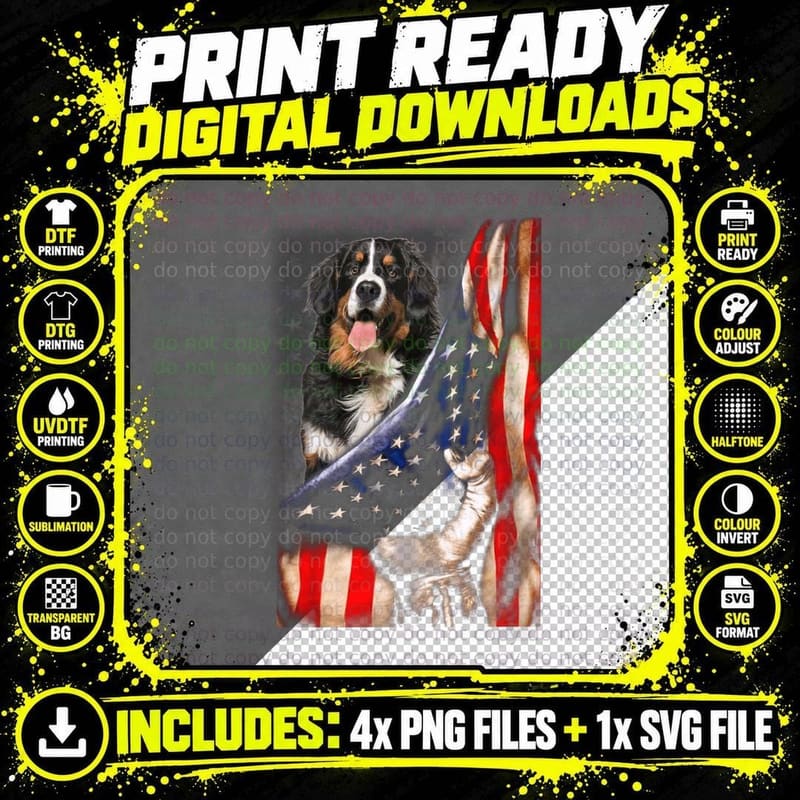 Patriotic Bernese Mountain Dog T-Shirt, 4th July Png SVG Digital Bundle
