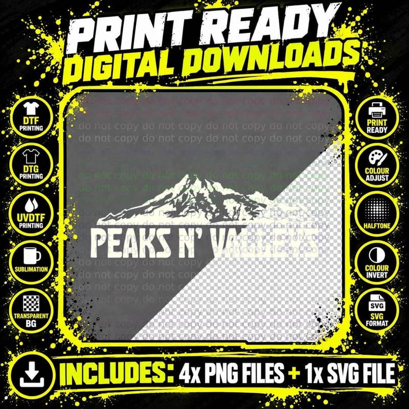 Peaks N' Valleys Mt. Rainier Hiking Novelty Camping Gift Png SVG Digital Bundle