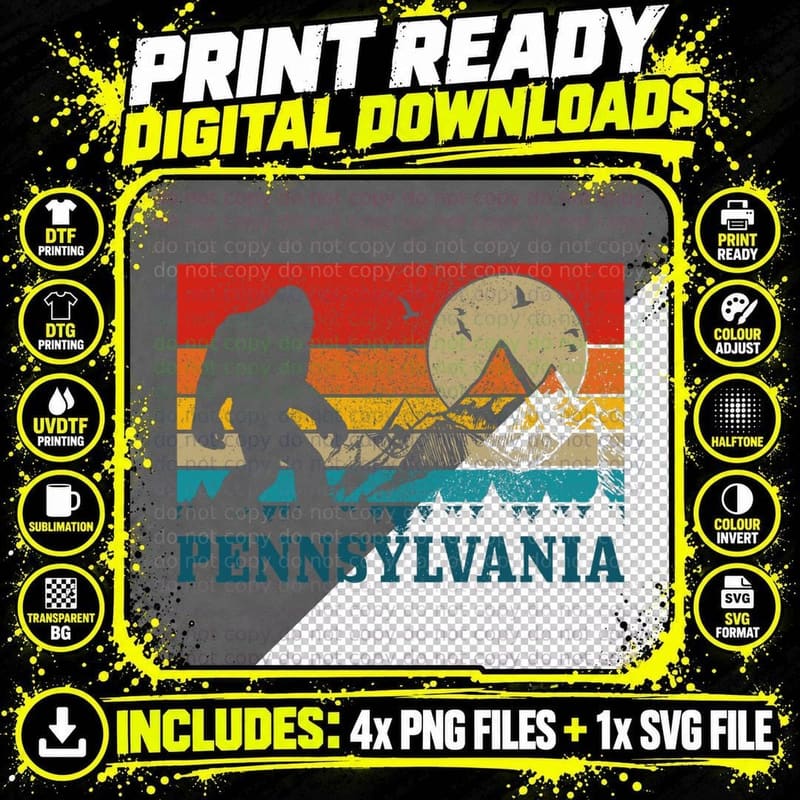 Pennsylvania Bigfoot Vintage Mountains Hiking Camping Png SVG Digital Bundle