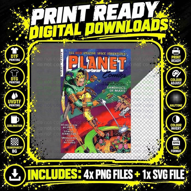 Planet Comics Vintage Sci-Fi Cover Art T-Shirt Png SVG Digital Bundle