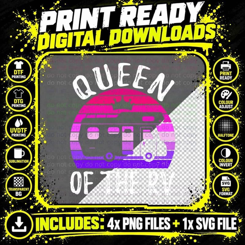Queen of the RV Camping Camper Vacation Road Trip Women Png SVG Digital Bundle