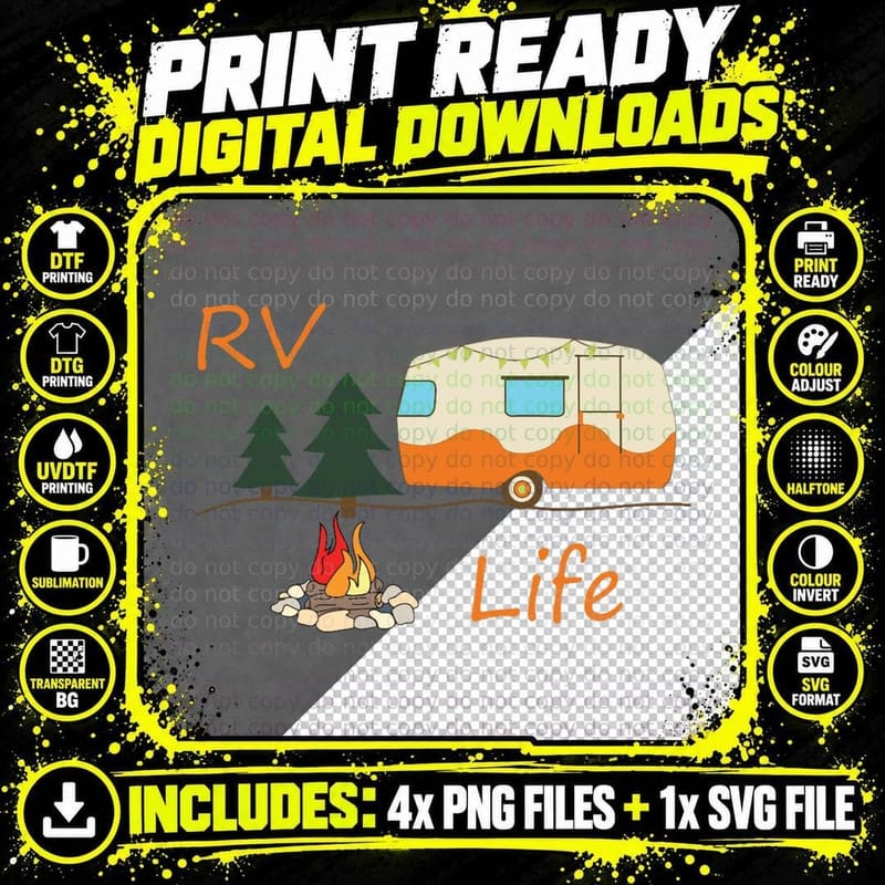 RV Camping Design for RV Life Camp Fire Road Travel Png SVG Digital Bundle