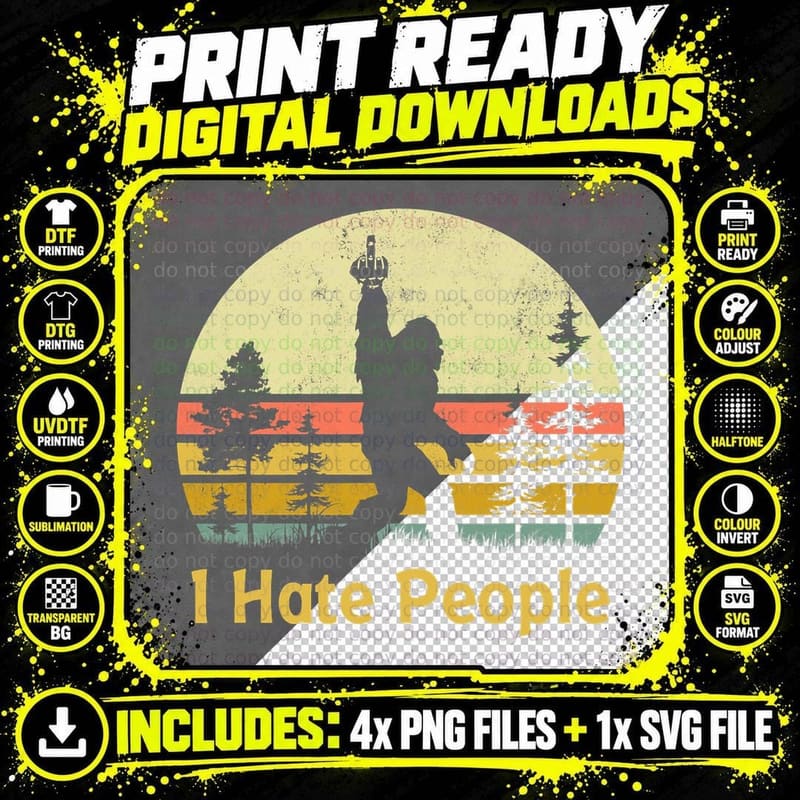 Retro Camping, Bigfoot Sasquatch Middle Finger I Hate Png SVG Digital Bundle