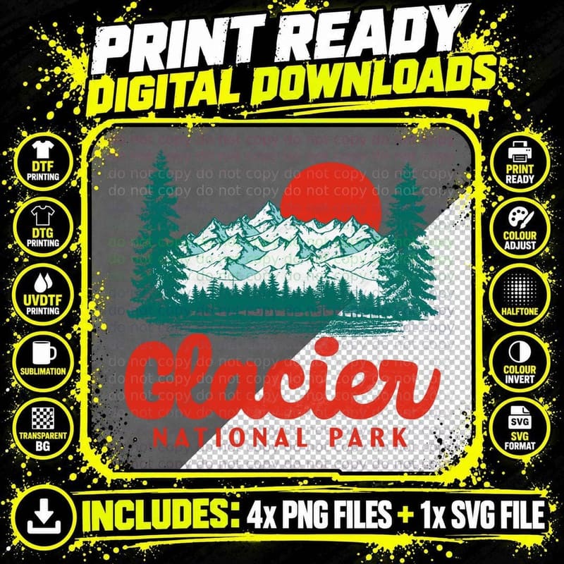 Retro Glacier National Park 80's Mountain T-Shirt Png SVG Digital Bundle