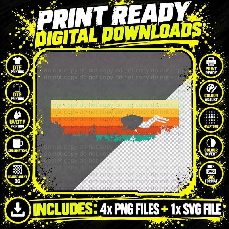Retro Scuba Diver T-Shirt, Vintage Freediving Png SVG Digital Bundle