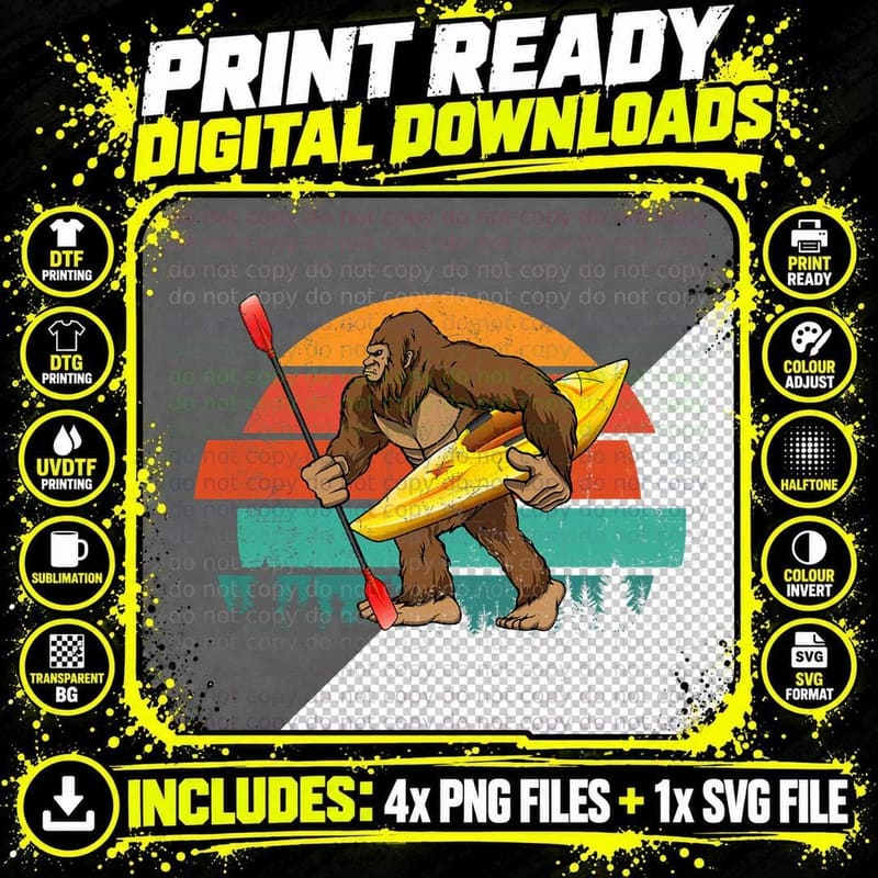 Retro Vintage Bigfoot with Kayak Paddling Lover Boys Png SVG Digital Bundle