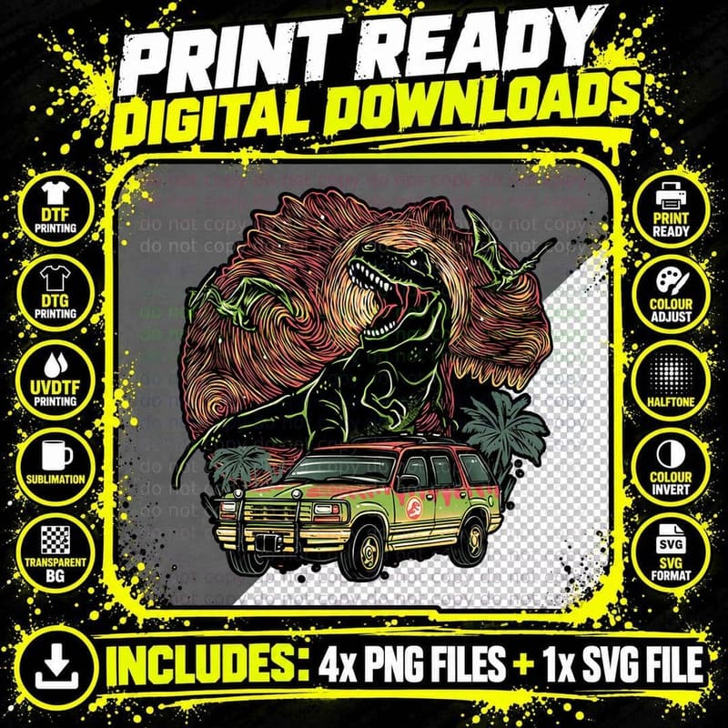 Roaring T-Rex and Park Jeep, Tropical Sunset Dinosaur Png SVG Digital Bundle