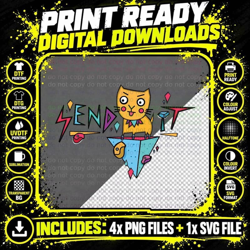 Send It Bouldering Climbing Cat for Climbers Classic Png SVG Digital Bundle