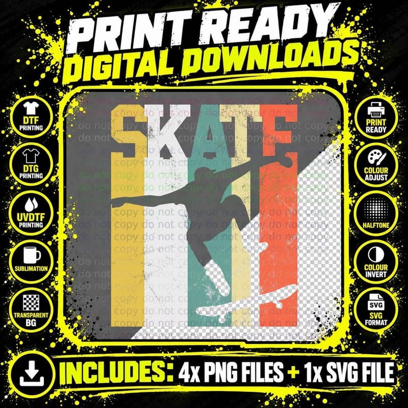 Skate Retro Colour Block T-Shirt, Skateboarder Png SVG Digital Bundle