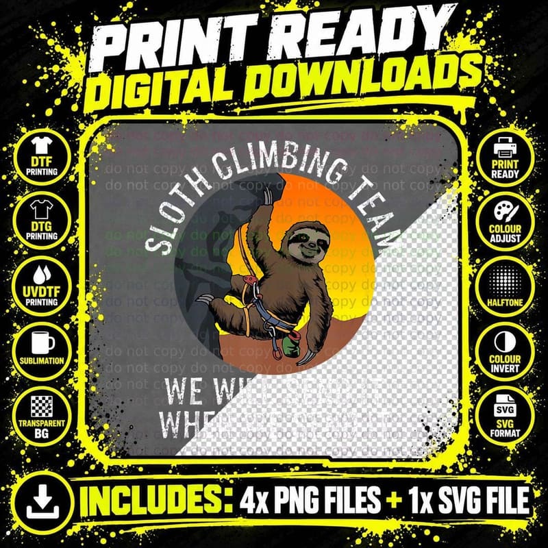 Sloth Climbing Outdoor Activity Sport Animal Humor Png SVG Digital Bundle
