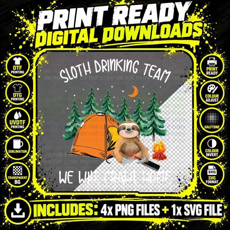 Sloth Drinking T-Shirt, Camping Adventure Style Png SVG Digital Bundle