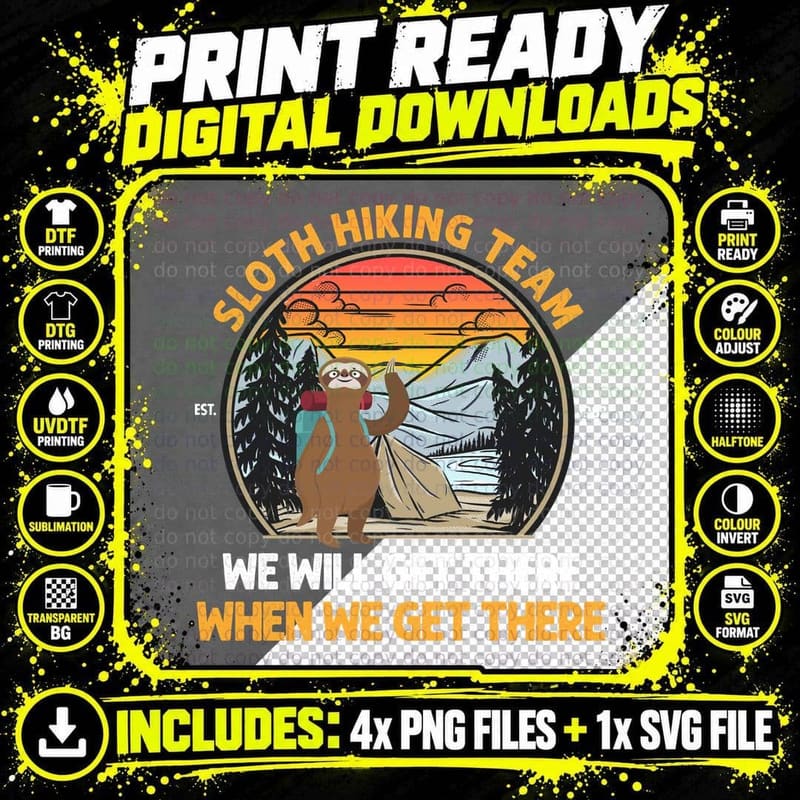 Sloth Hiking Team T-Shirt, Funny Animal Adventure Png SVG Digital Bundle