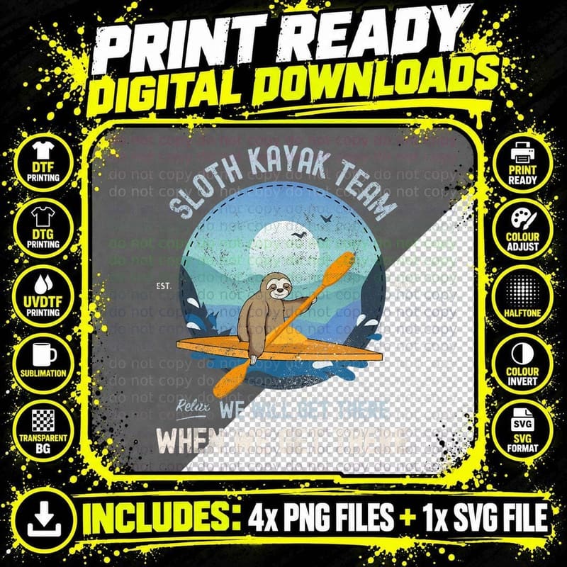 Sloth Kayaking, Kayak Team Water Sport Paddle Animal Png SVG Digital Bundle